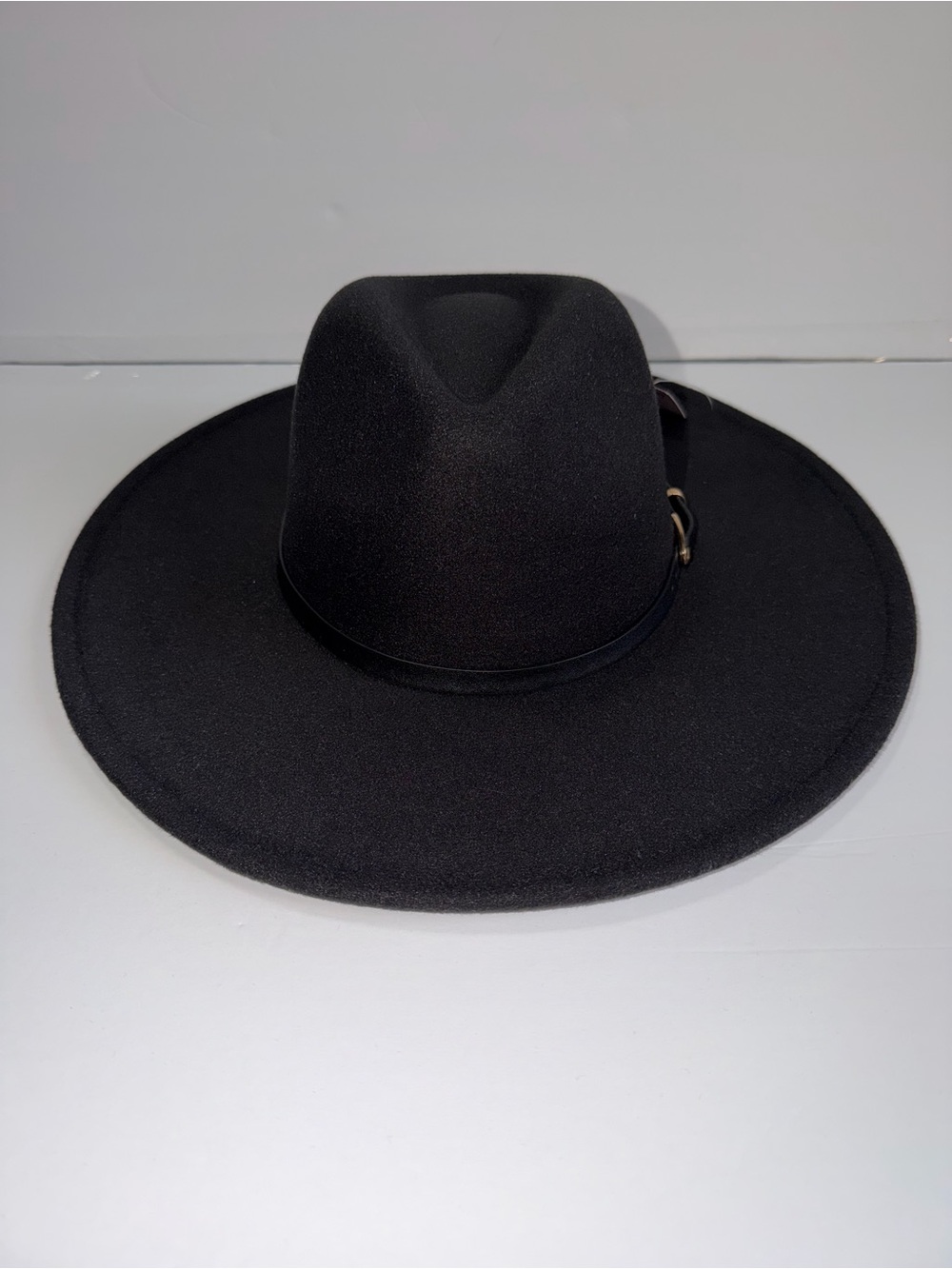 Wide-Brim Black Felt Fedora Hat with Leather Band